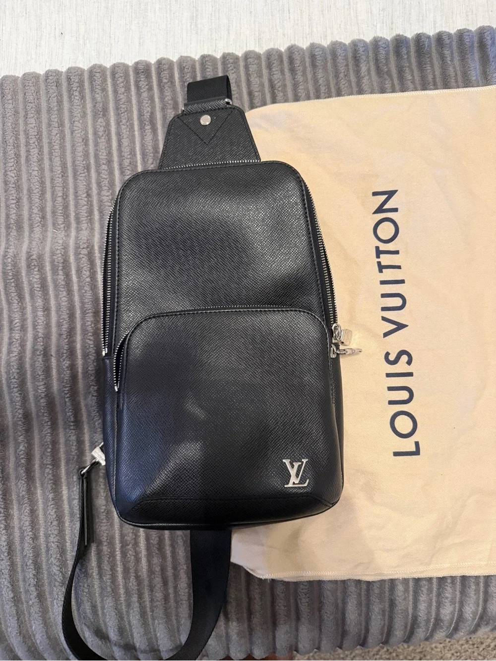 Louis Vuitton Black Leather Sling Belt Bag with Silver LV Emblem